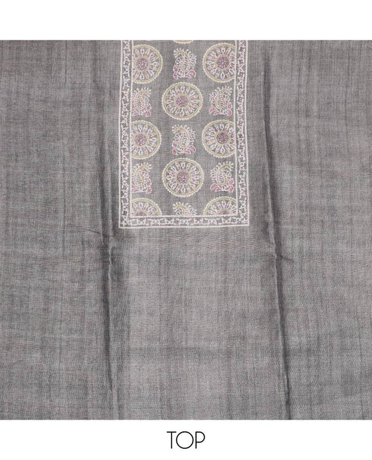 Grey material chudidar set, Ajrakh style printed with stone work top, contrast green plain bottom and Ajrakh printed dupatta