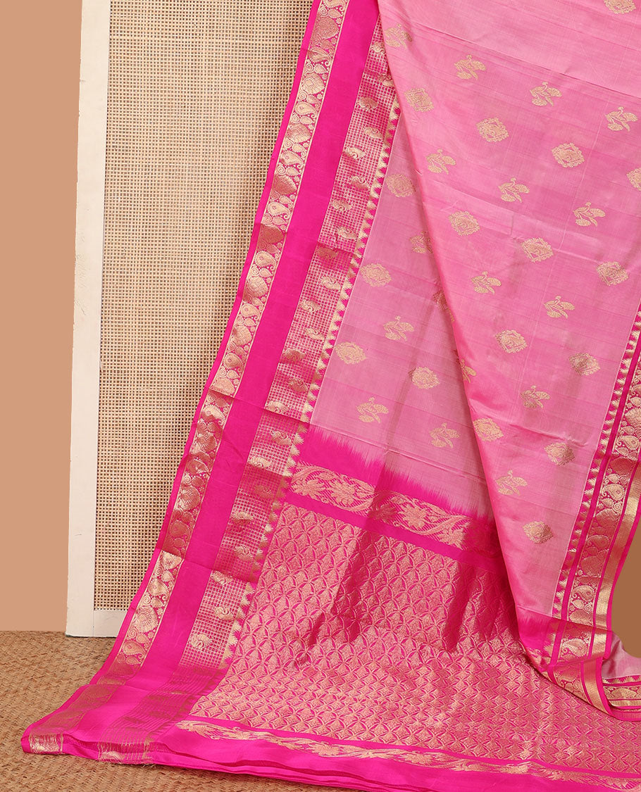 Pink zari buttas Venkatagiri silk saree, contrast traditional zari rettai pettu border, and pallu of meenakari intricate designs