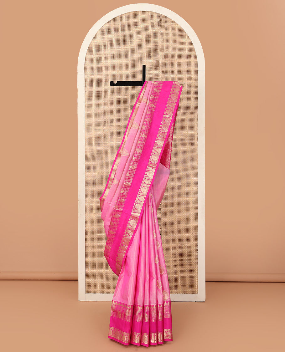 Pink zari buttas Venkatagiri silk saree, contrast traditional zari rettai pettu border, and pallu of meenakari intricate designs