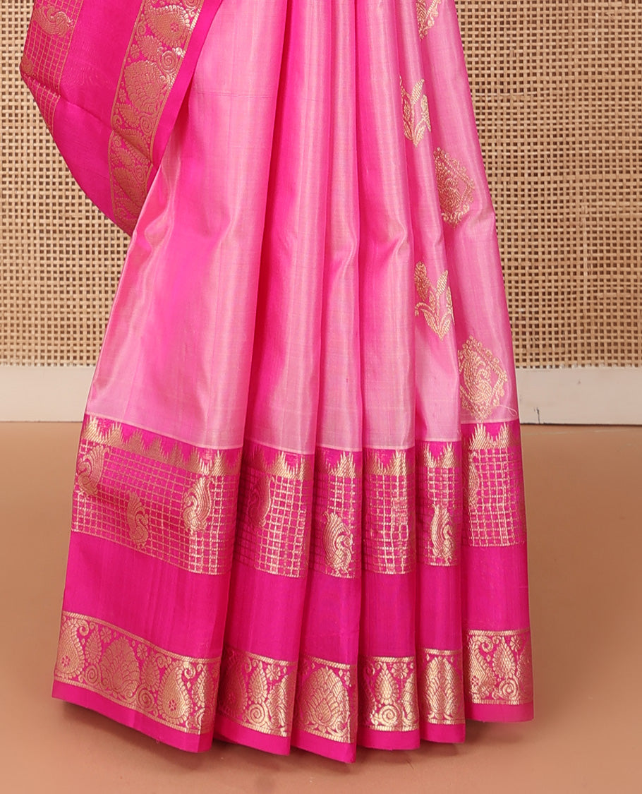 Pink zari buttas Venkatagiri silk saree, contrast traditional zari rettai pettu border, and pallu of meenakari intricate designs
