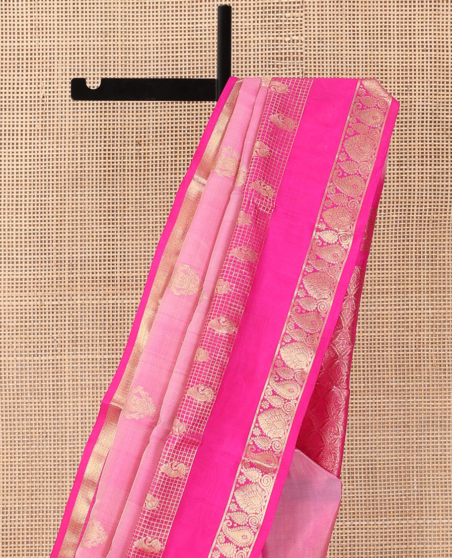 Pink zari buttas Venkatagiri silk saree, contrast traditional zari rettai pettu border, and pallu of meenakari intricate designs