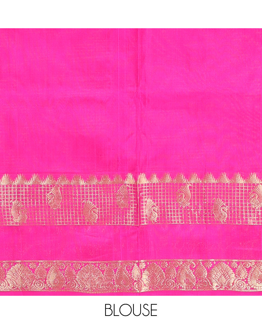 Pink zari buttas Venkatagiri silk saree, contrast traditional zari rettai pettu border, and pallu of meenakari intricate designs