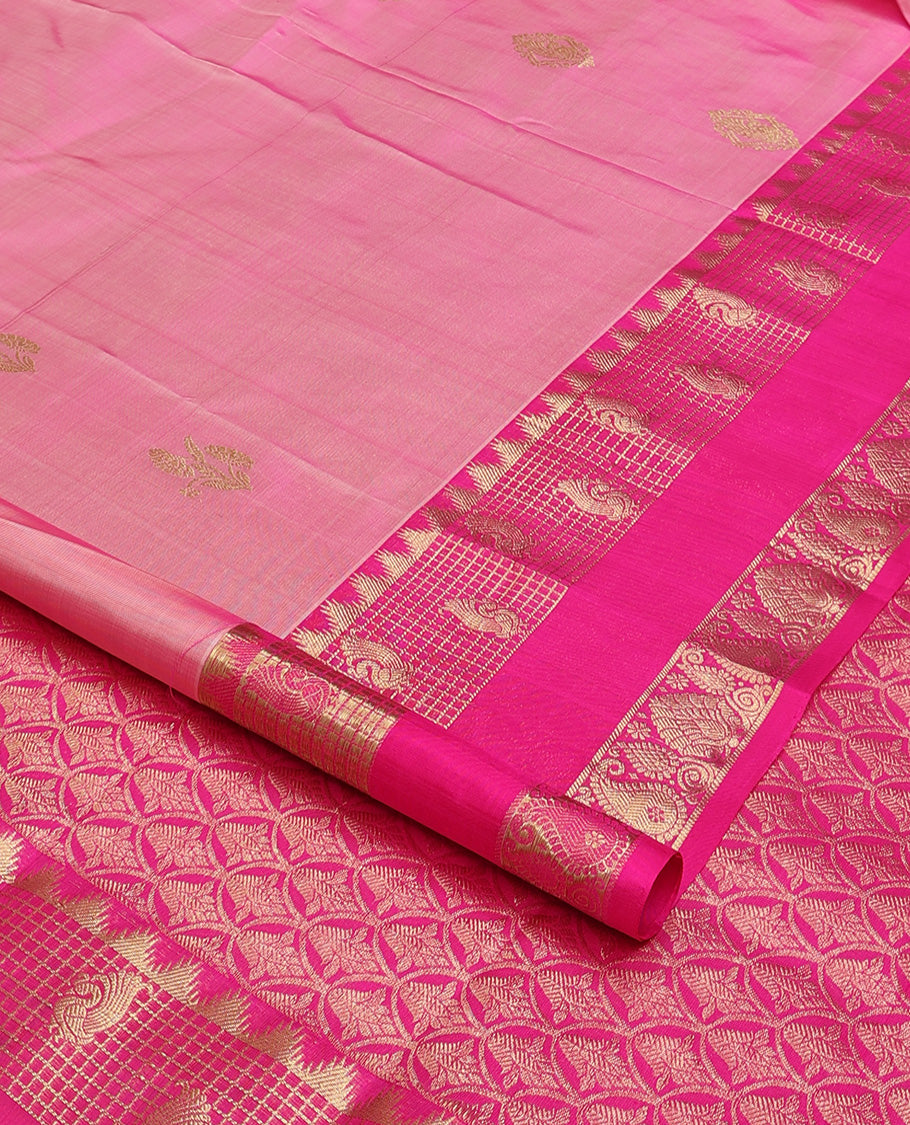 Pink zari buttas Venkatagiri silk saree, contrast traditional zari rettai pettu border, and pallu of meenakari intricate designs
