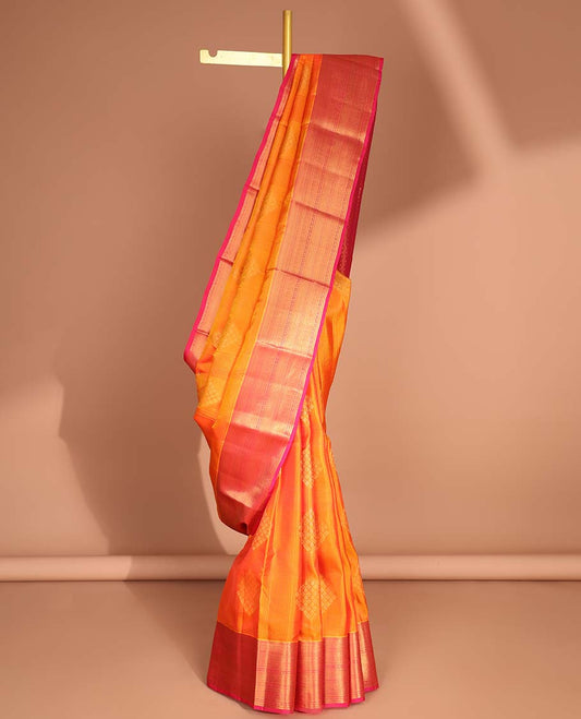orange geometric design vasundhara elite silk saree with contrast intricate zari design border & checked zari design pallu