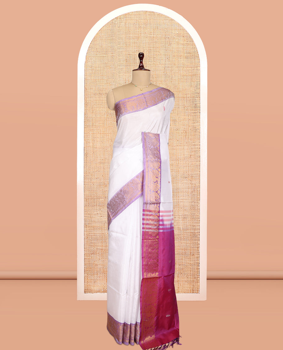White Banana Pith Saree, Woven with Thread Buttas, a Contrast Peacock-Floral Zari Border, Pallu of Buttas, and a Contrast Blouse