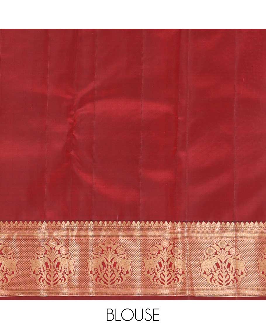 Maroon zari buttas silk saree, zari border of thilakam mokku, muthu, kathir, ara maadam, and yaanai, and jaal pallu