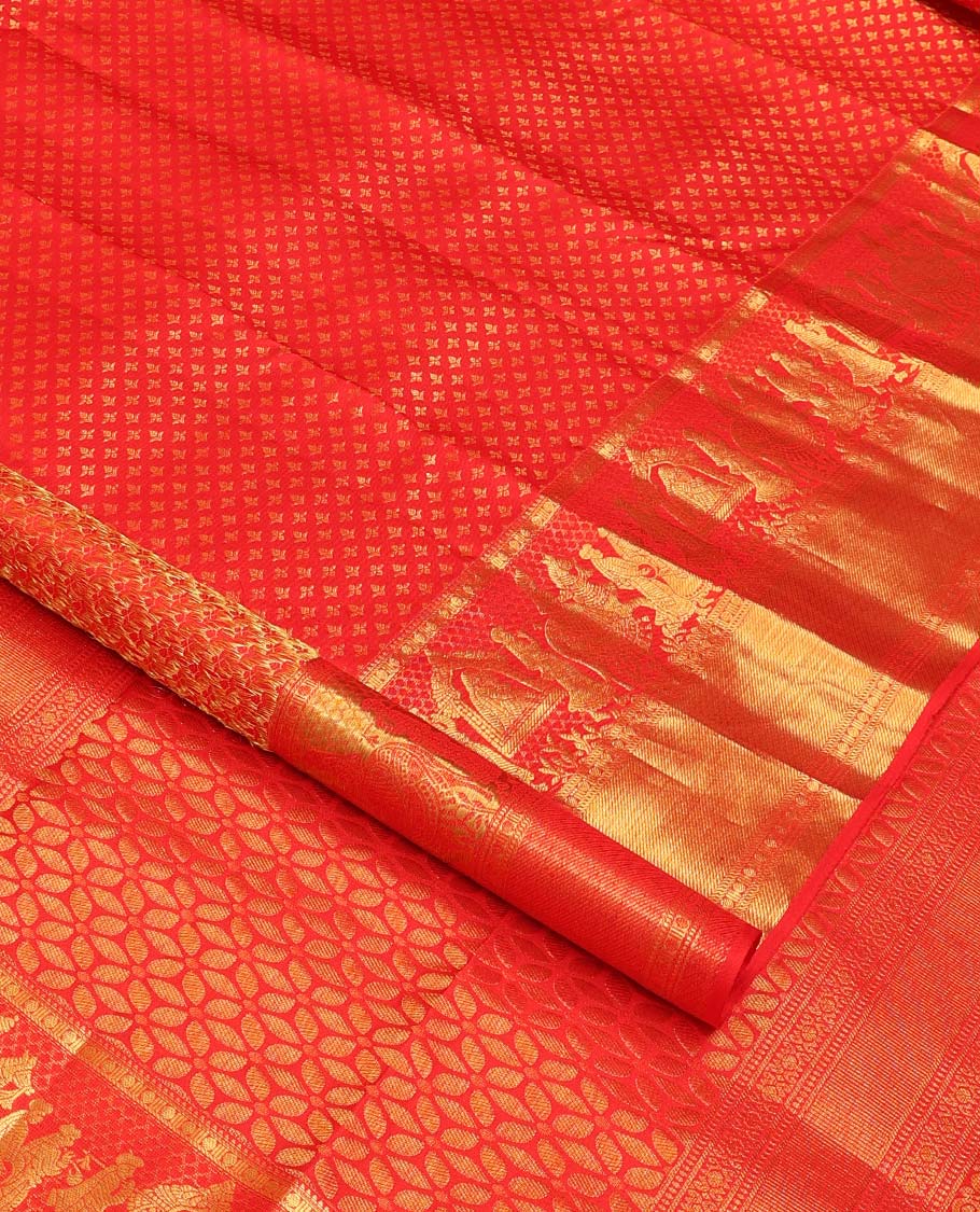 Red jacquard wedding silk saree, traditional zari border of wedding palanquin design, and floral design zari woven pallu