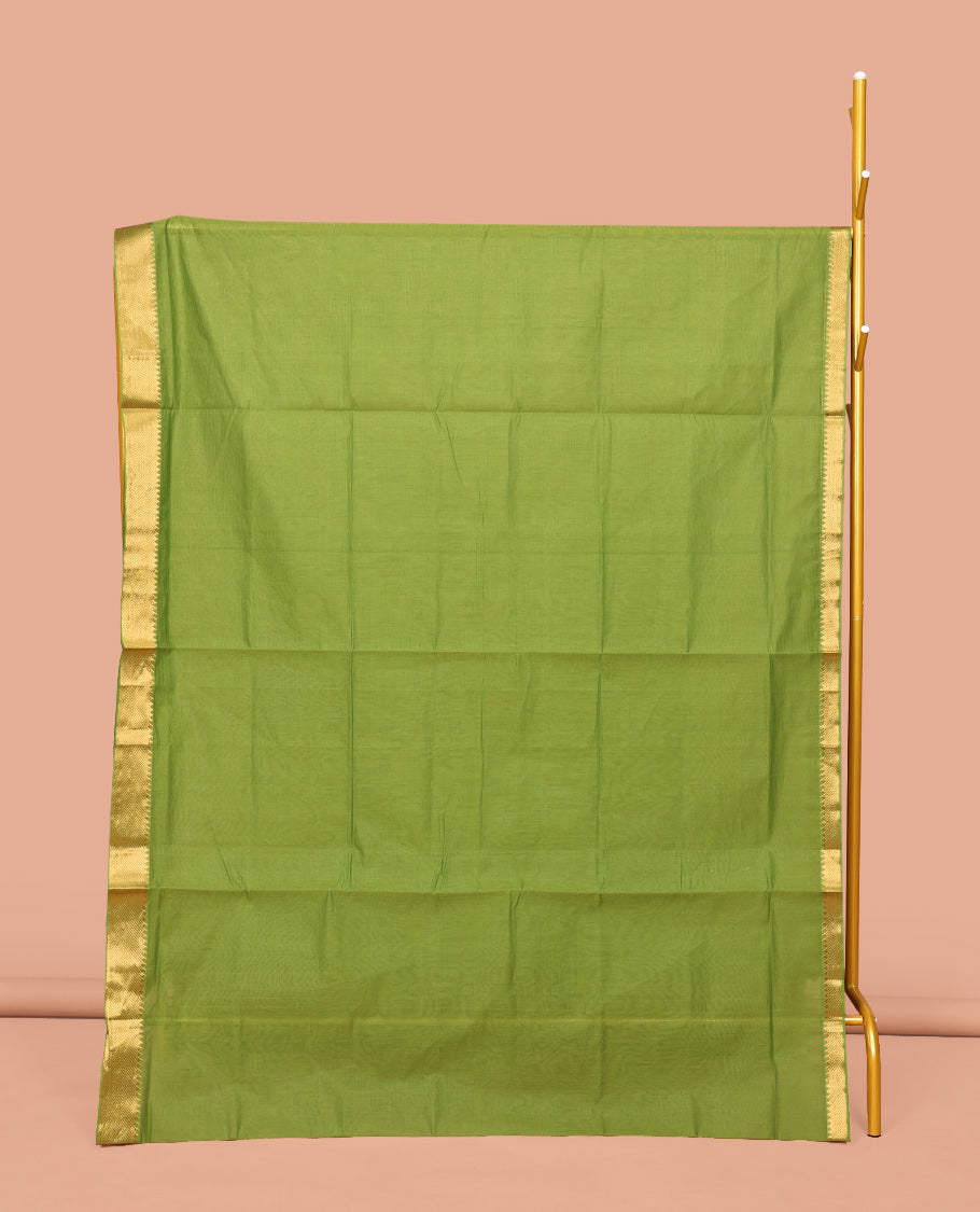 Parrot Green Sparsely Striped Mangalgiri Cotton Saree, Highlighted by a Zari Border, Gleaming Zari-Striped Pallu, and Paired with a Matching Blouse