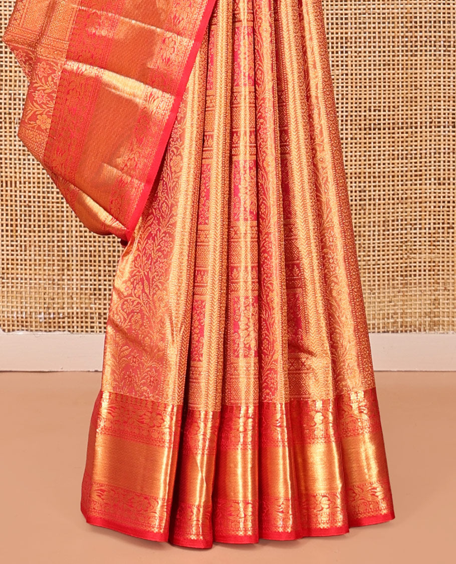 Pink Kanchipuram Tissue Silk Saree, Woven with Jacquard, a Zari Border of Manga, Kodi Visiry, and Rudraksham, Jaal Pallu, and Contrast Blouse
