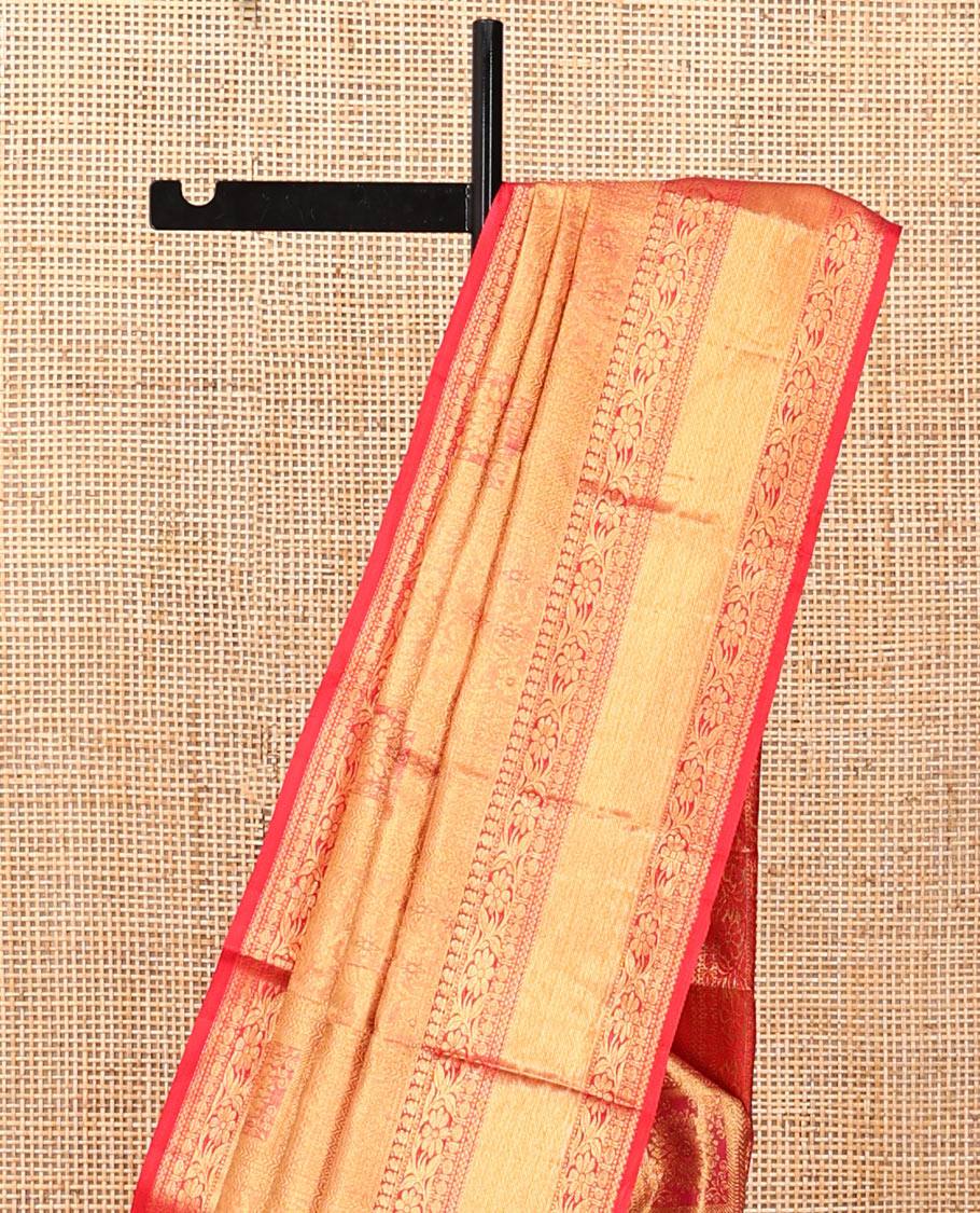 Pink Kanchipuram Tissue Silk Saree, Woven with Jacquard, a Zari Border of Manga, Kodi Visiry, and Rudraksham, Jaal Pallu, and Contrast Blouse