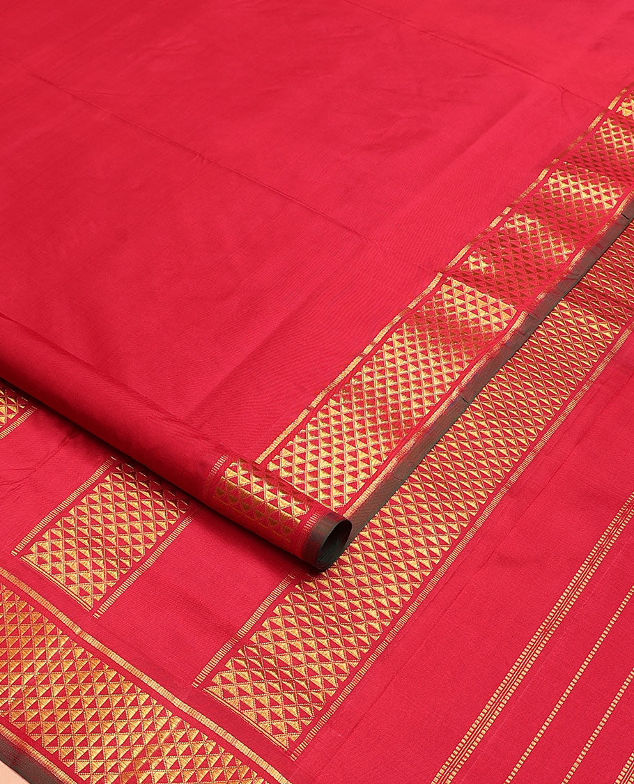 Red plain nine-yard silk saree, ara maadam designs border, and pallu of ara maadam designs