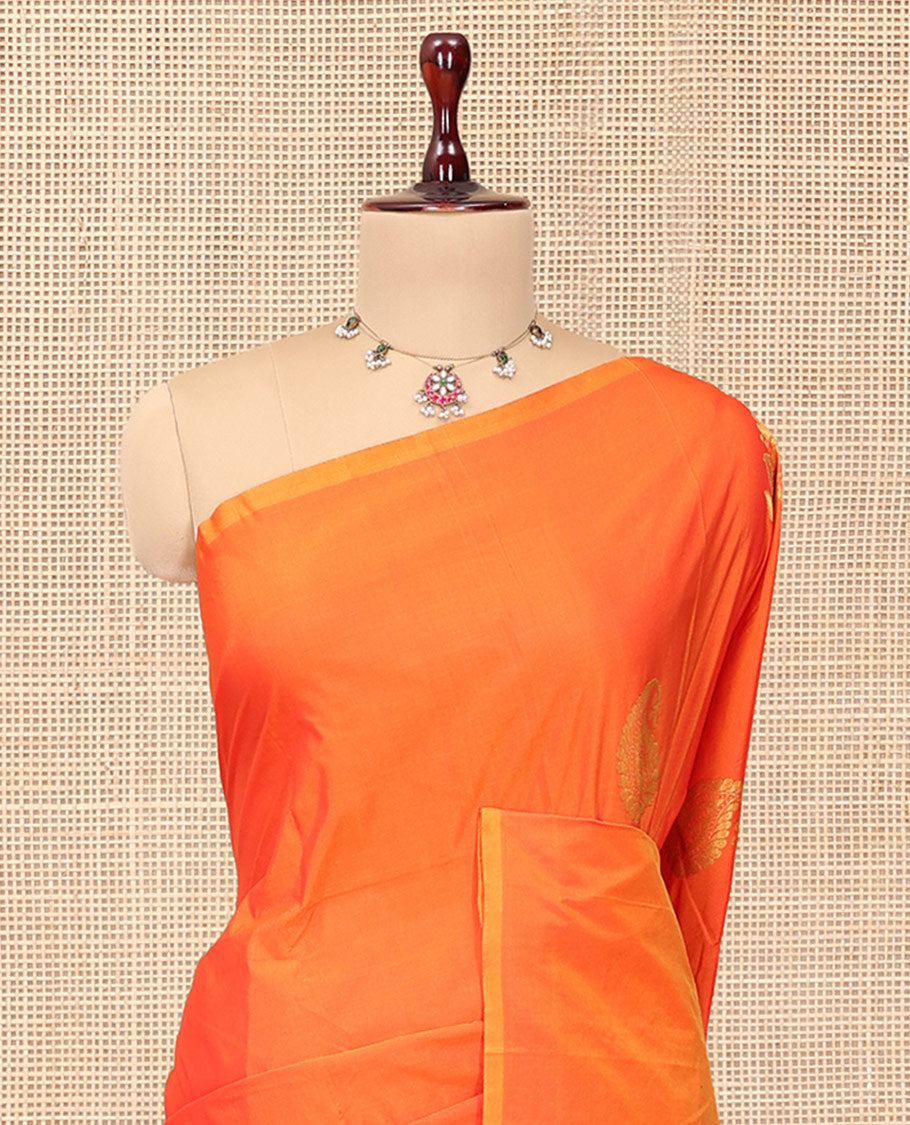 Orange Arani Saree, Adorned with Zari Buttas, a Piping Border, Contrast Zari Design Pallu, and a Contrast Blouse