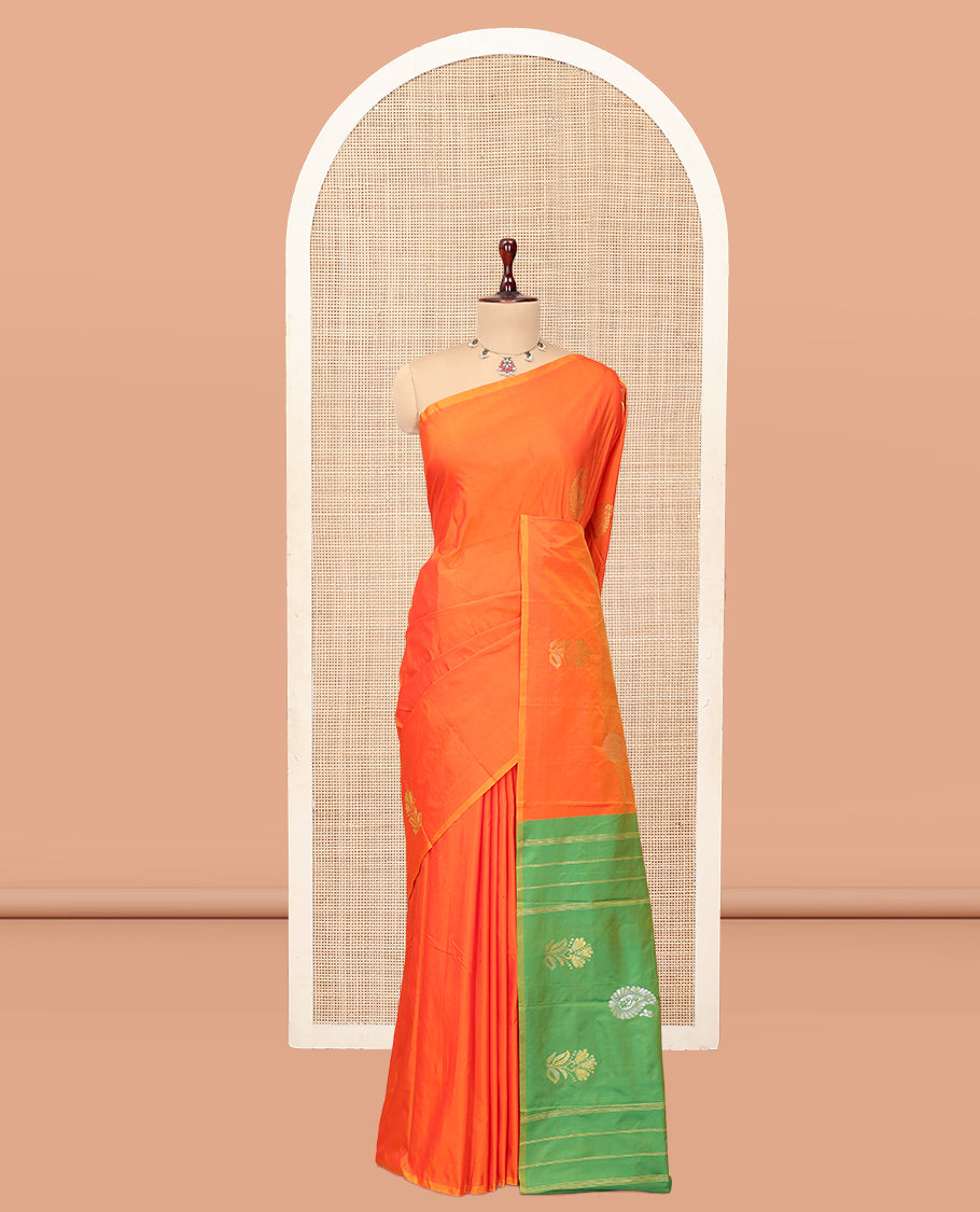 Orange Arani Saree, Adorned with Zari Buttas, a Piping Border, Contrast Zari Design Pallu, and a Contrast Blouse