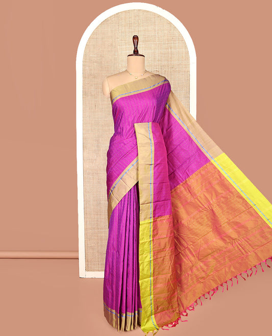 Rani Pink Aarani Gift Saree, Subtly Sparkled with Stripes on Its Body, Complemented by a Contrast Border, a Pallu of Stripes, and Paired with a Contrast Blouse