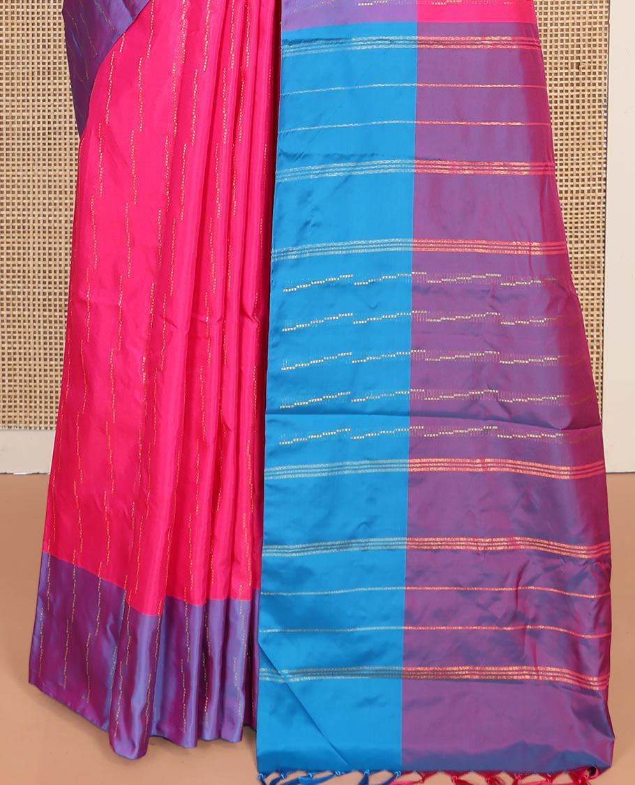 Pink Aarani Silk Saree, Accentuated with Zari Stripes on Its Body, Complemented by a Contrast Zari Striped Border, Pallu of Zari Stripes, and Paired with a Contrast Blouse