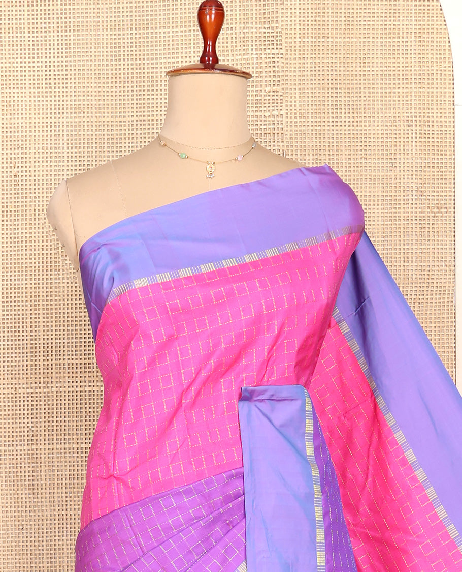 Pink and Lavender Aarani Silk Saree, Embellished with Zari Checks All Over Its Body, Complemented by a Contrast Border, Pallu of Stripes, and Paired with a Matching Blouse