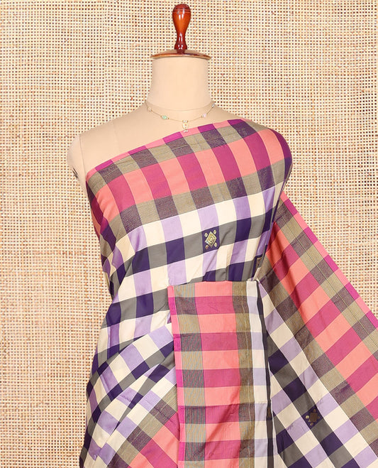 Multi-Color Aarani Gift Saree, Beautified with Checked Design and Zari Buttas on Its Body, Complemented by a Contrast-Checked Border, Subtly Striped Pallu, and Paired with a Matching Blouse