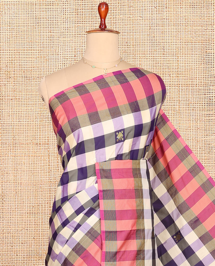 Multi-Color Aarani Gift Saree, Beautified with Checked Design and Zari Buttas on Its Body, Complemented by a Contrast-Checked Border, Subtly Striped Pallu, and Paired with a Matching Blouse