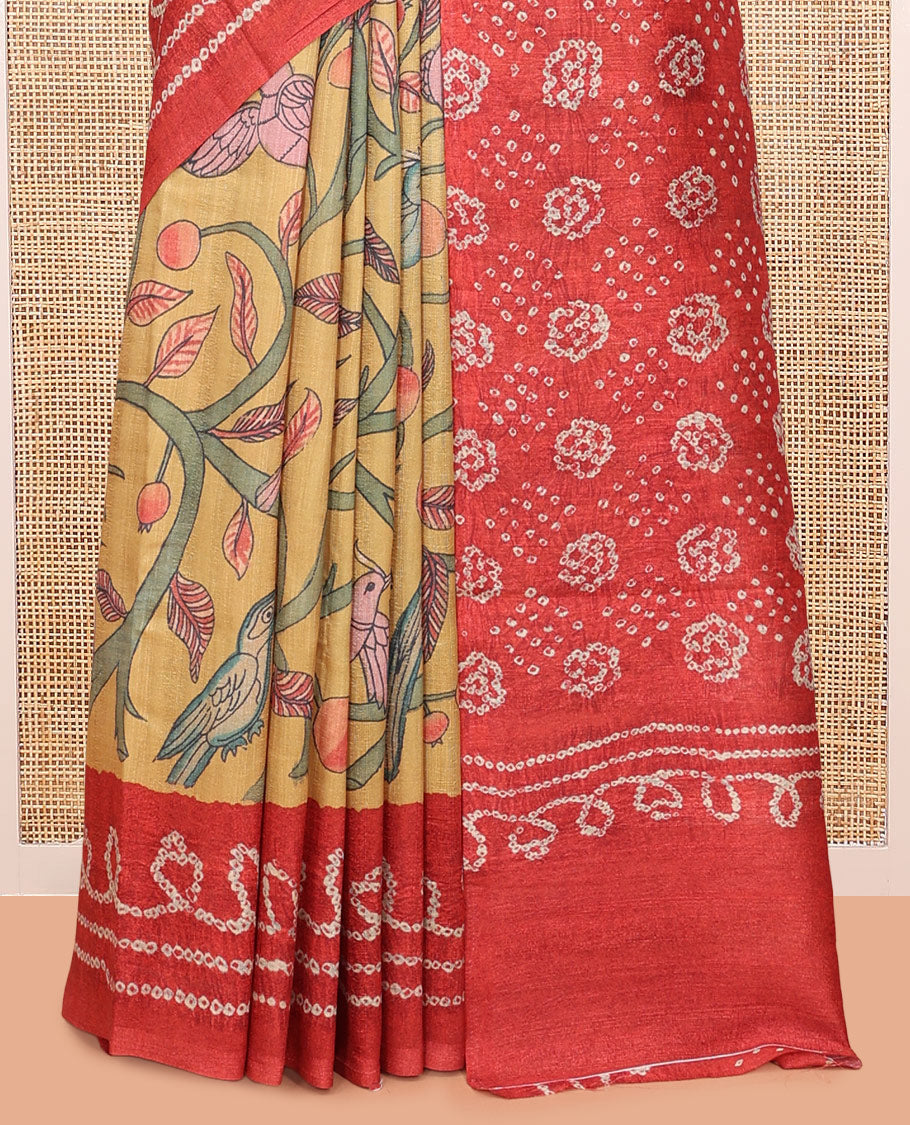 Yellow Fancy Tussar Saree Features Kalamkari Floral and Animal Print, Contrast Bandhani Border, Bandhani Pallu, and a Contrast Blouse