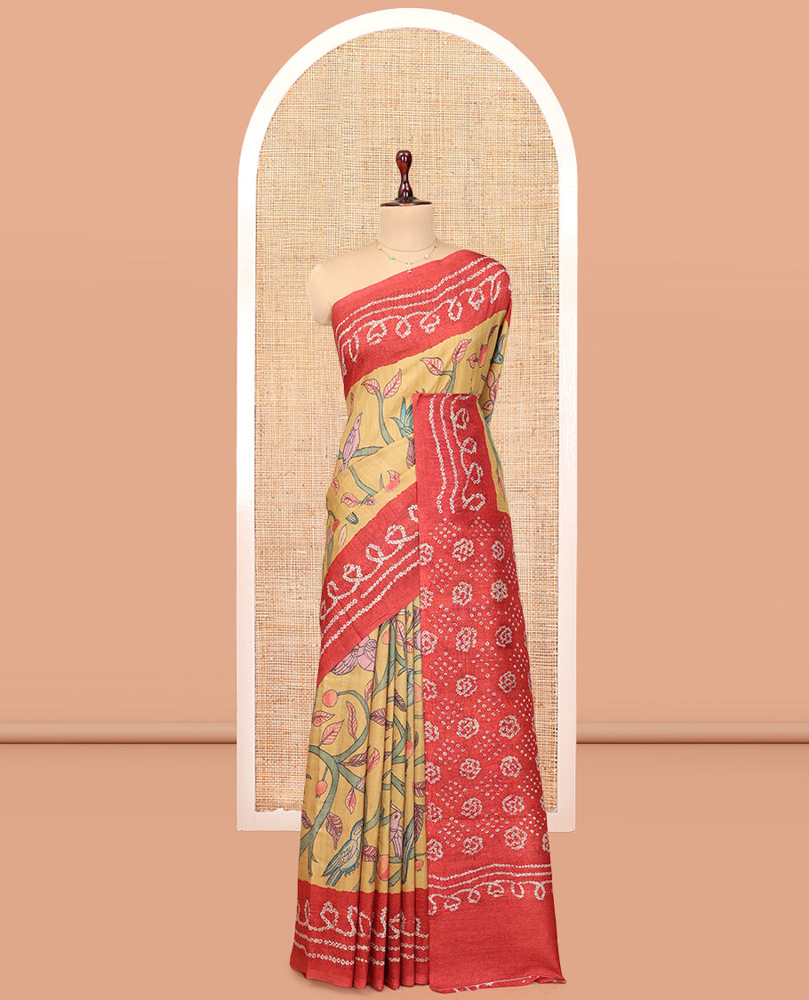 Yellow Fancy Tussar Saree Features Kalamkari Floral and Animal Print, Contrast Bandhani Border, Bandhani Pallu, and a Contrast Blouse