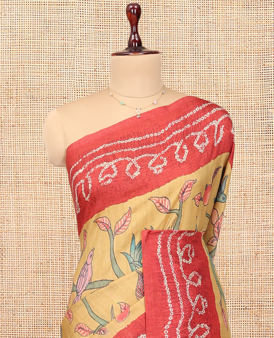 Yellow Fancy Tussar Saree Features Kalamkari Floral and Animal Print, Contrast Bandhani Border, Bandhani Pallu, and a Contrast Blouse