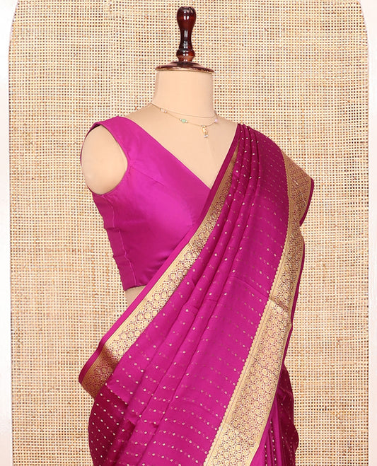 Pink Plain Mysore Silk Saree, Highlighted by Traditional Zari Border, Zari Designs Woven Pallu, and Paired with a Matching Blouse