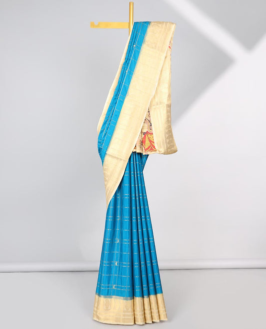 Blue checked mysore silk saree with contrast paisley motifs, striped zari border & wedding design pallu