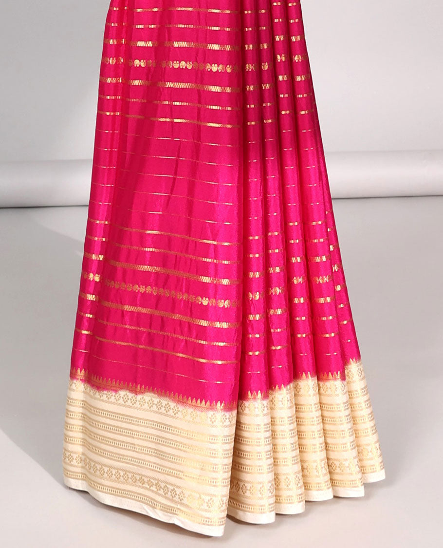 Green striped design  mysore silk saree with contrast zari border & rajasthan theme printed pallu