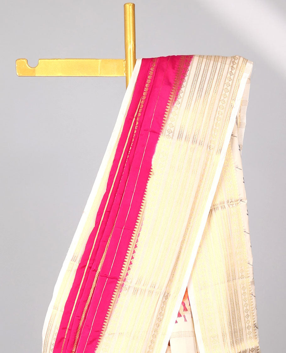 Green striped design  mysore silk saree with contrast zari border & rajasthan theme printed pallu