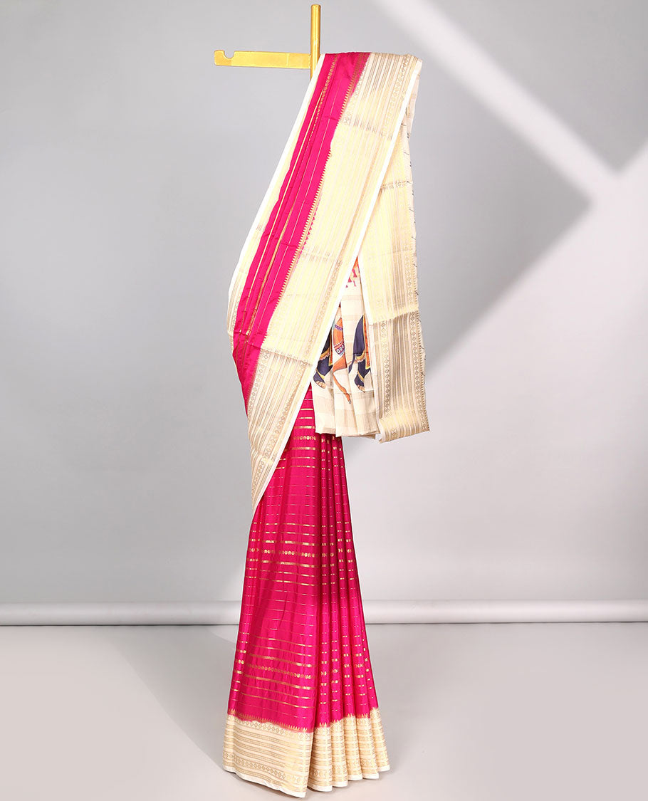 Green striped design  mysore silk saree with contrast zari border & rajasthan theme printed pallu