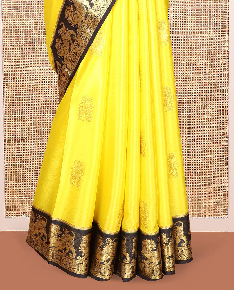 Yellow Mysore Silk Saree Features Lion-Elephant Butta, Contrast Traditional Lion Zari Border, a Grand Pallu, and a Contrast Blouse