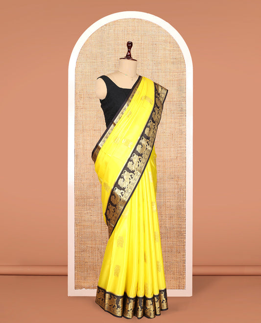 Yellow Mysore Silk Saree Features Lion-Elephant Butta, Contrast Traditional Lion Zari Border, a Grand Pallu, and a Contrast Blouse