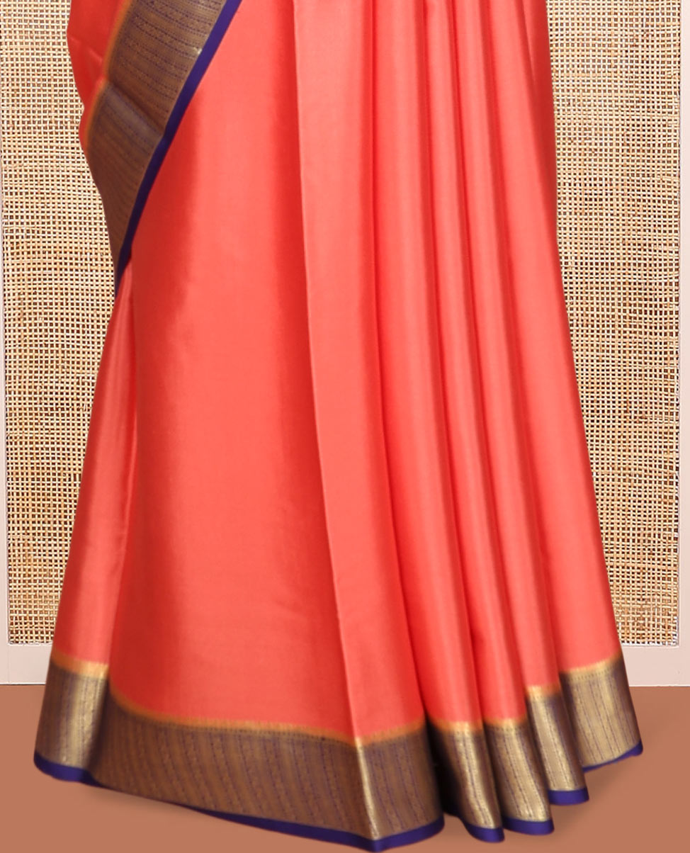 Peach Plain Mysore Silk Saree, a Contrast Traditional Zari Border, Zari Striped Pallu, and a Contrast Blouse