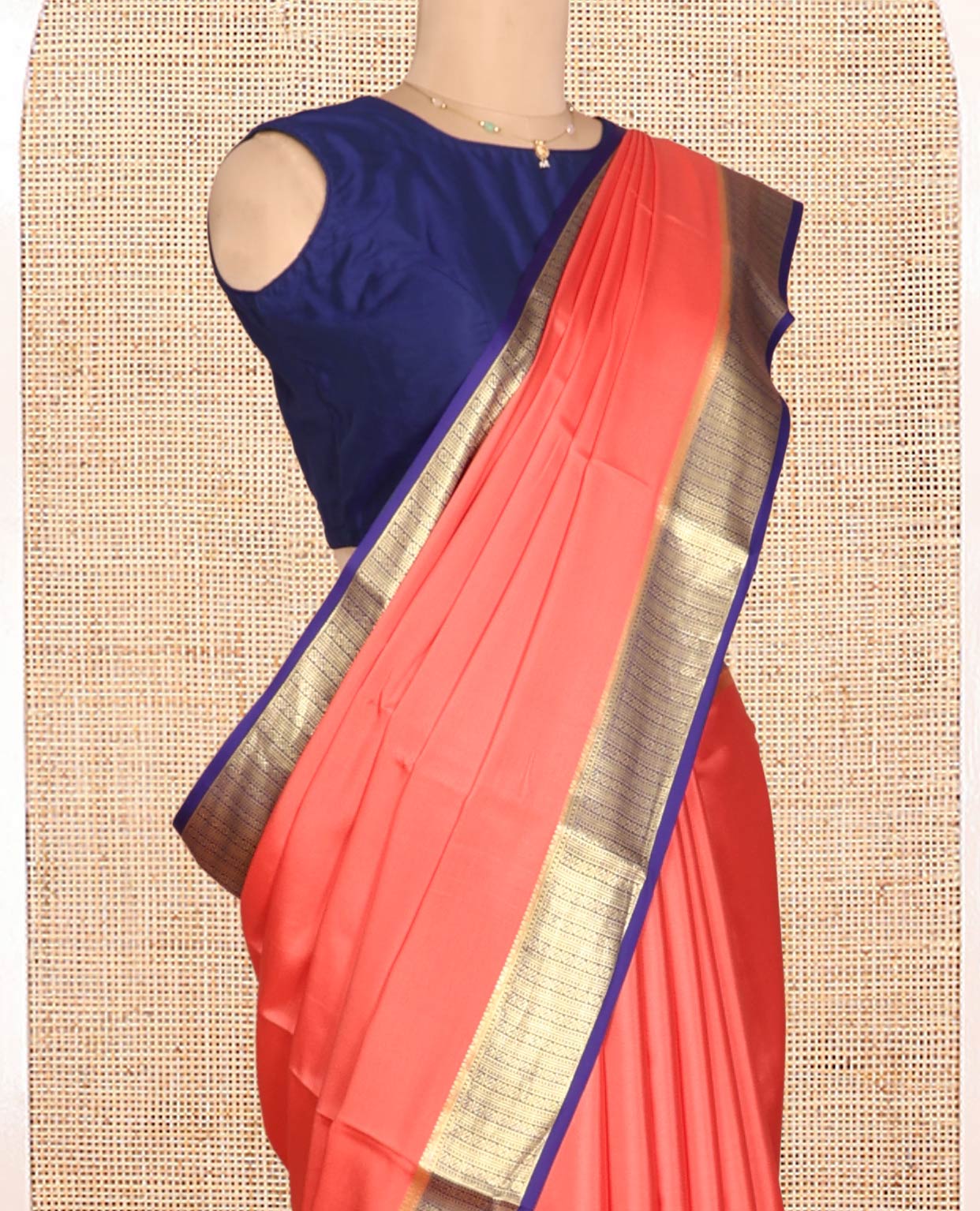 Peach Plain Mysore Silk Saree, a Contrast Traditional Zari Border, Zari Striped Pallu, and a Contrast Blouse