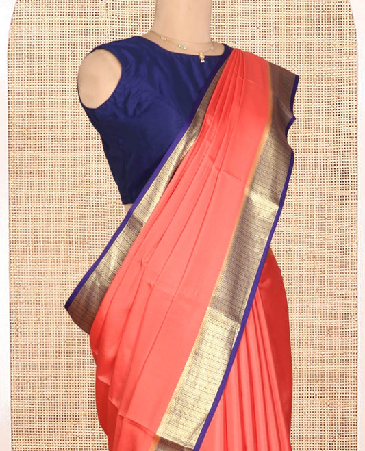 Peach Plain Mysore Silk Saree, a Contrast Traditional Zari Border, Zari Striped Pallu, and a Contrast Blouse