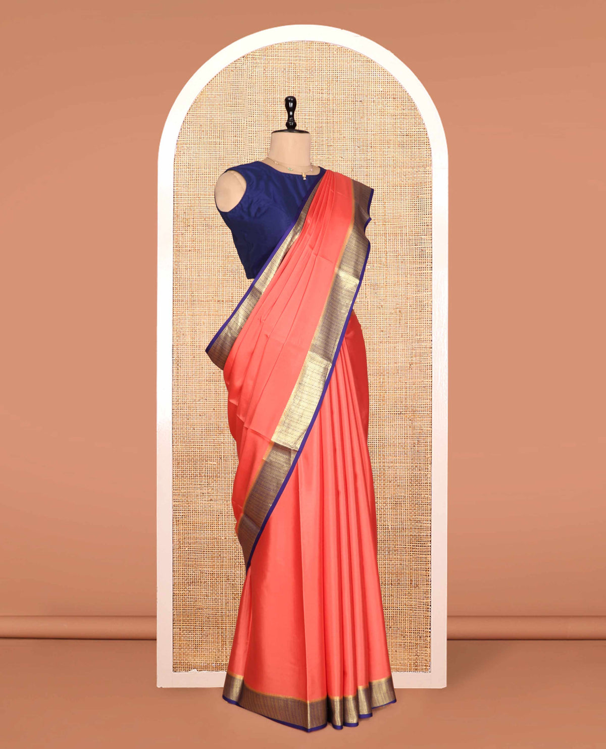 Peach Plain Mysore Silk Saree, a Contrast Traditional Zari Border, Zari Striped Pallu, and a Contrast Blouse