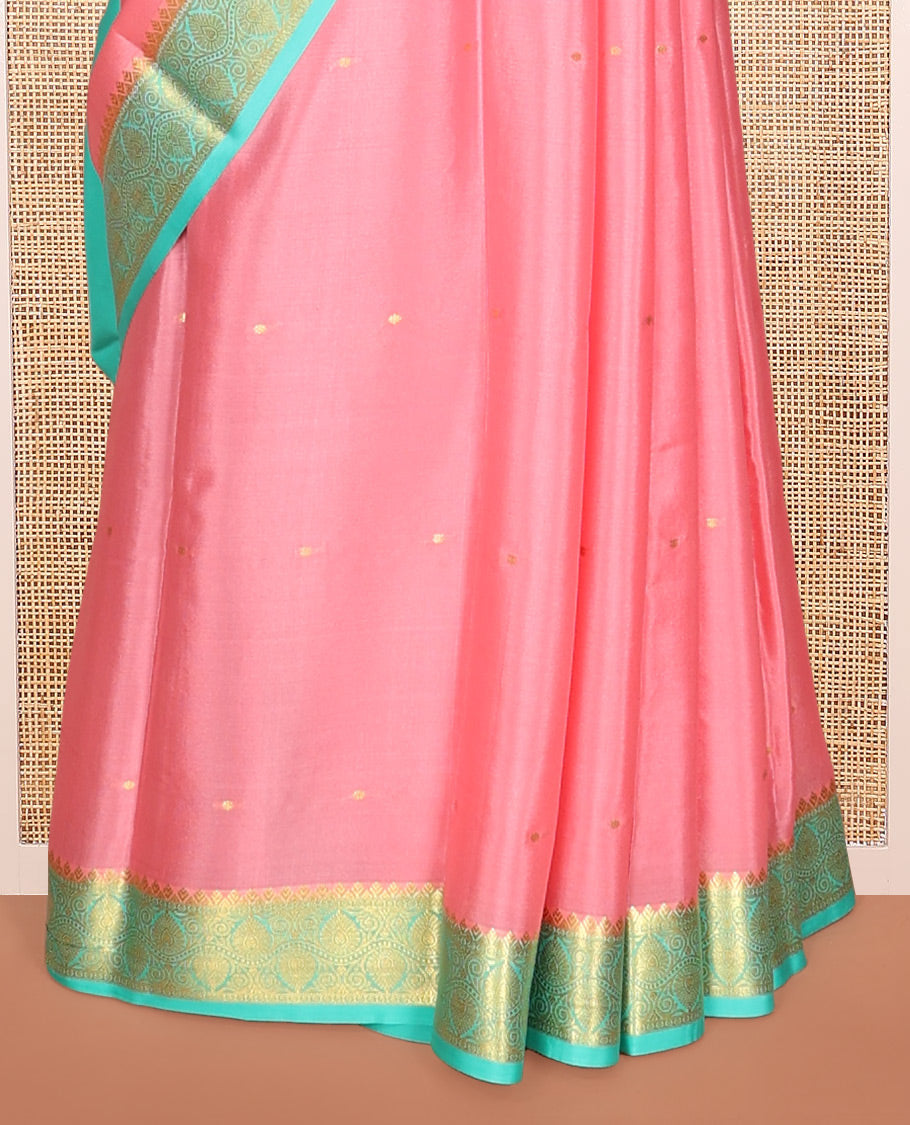 Pink Zari Buttas Mysore Silk Saree, Complemented by a Contrast Traditional Zari Border, Zari Design Pallu, and a Contrast Blouse