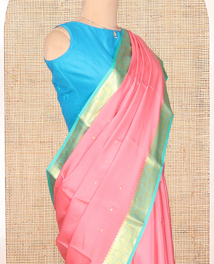 Pink Zari Buttas Mysore Silk Saree, Complemented by a Contrast Traditional Zari Border, Zari Design Pallu, and a Contrast Blouse