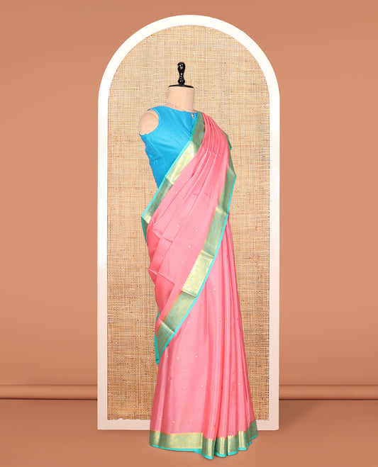Pink Zari Buttas Mysore Silk Saree, Complemented by a Contrast Traditional Zari Border, Zari Design Pallu, and a Contrast Blouse