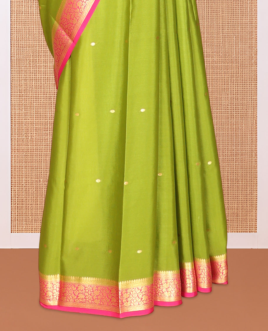 Parrot Green Zari Buttas Mysore Silk Saree, Complemented by a Contrast Floral Zari Border, Zari Design Pallu, and a Contrast Blouse