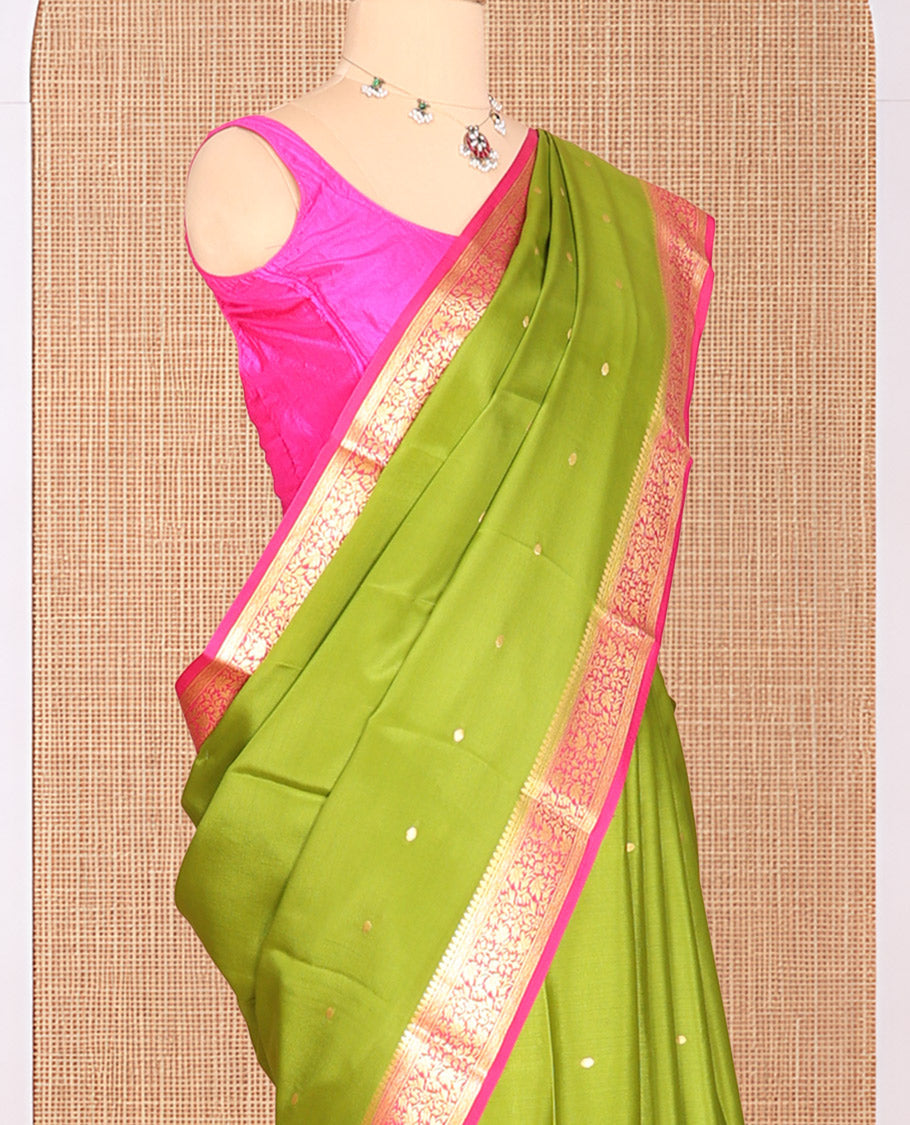 Parrot Green Zari Buttas Mysore Silk Saree, Complemented by a Contrast Floral Zari Border, Zari Design Pallu, and a Contrast Blouse