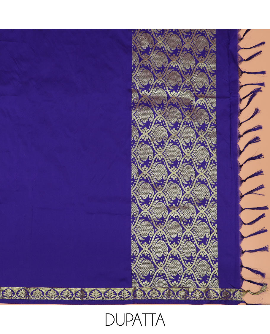 Pink Mughal-style jacquard art-silk half-saree, contrast traditional zari bordered skirt, jacquard blouse, and a paisley design dhavani