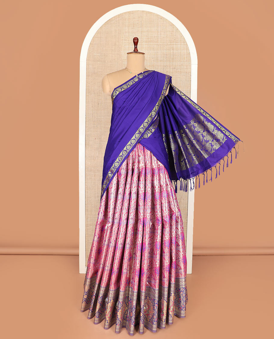 Pink Mughal-style jacquard art-silk half-saree, contrast traditional zari bordered skirt, jacquard blouse, and a paisley design dhavani