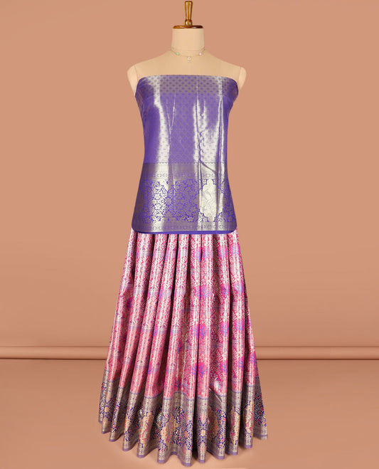 Pink Mughal-style jacquard art-silk half-saree, contrast traditional zari bordered skirt, jacquard blouse, and a paisley design dhavani