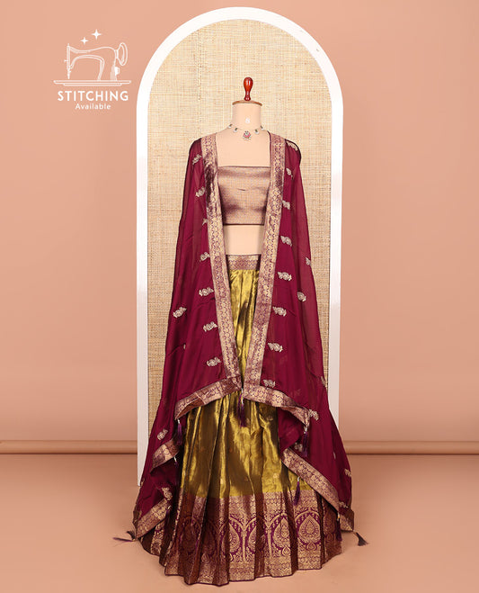 Gold-maroon zari buttas half-saree with contrast Mughal-style unique motifs woven bordered skirt, brocade blouse, and a zari design dhavani