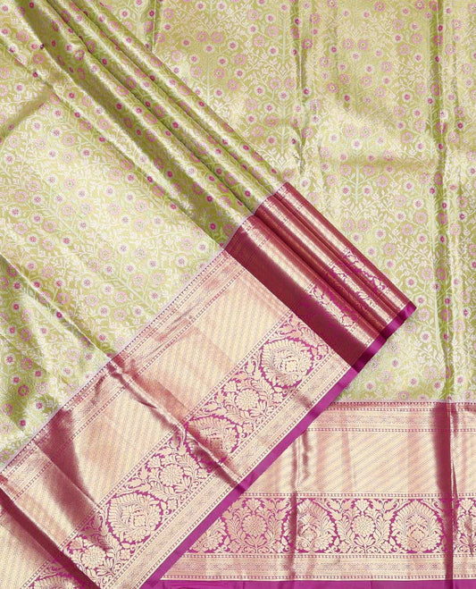 Green Art Silk Material Half Saree Set, Finely Crafted with Floral Jacquard Design Skirt, a Contrast Traditional Zari Design Border, Contrast Zari-Jacquard Blouse, and a Dhavani of Floral Designs
