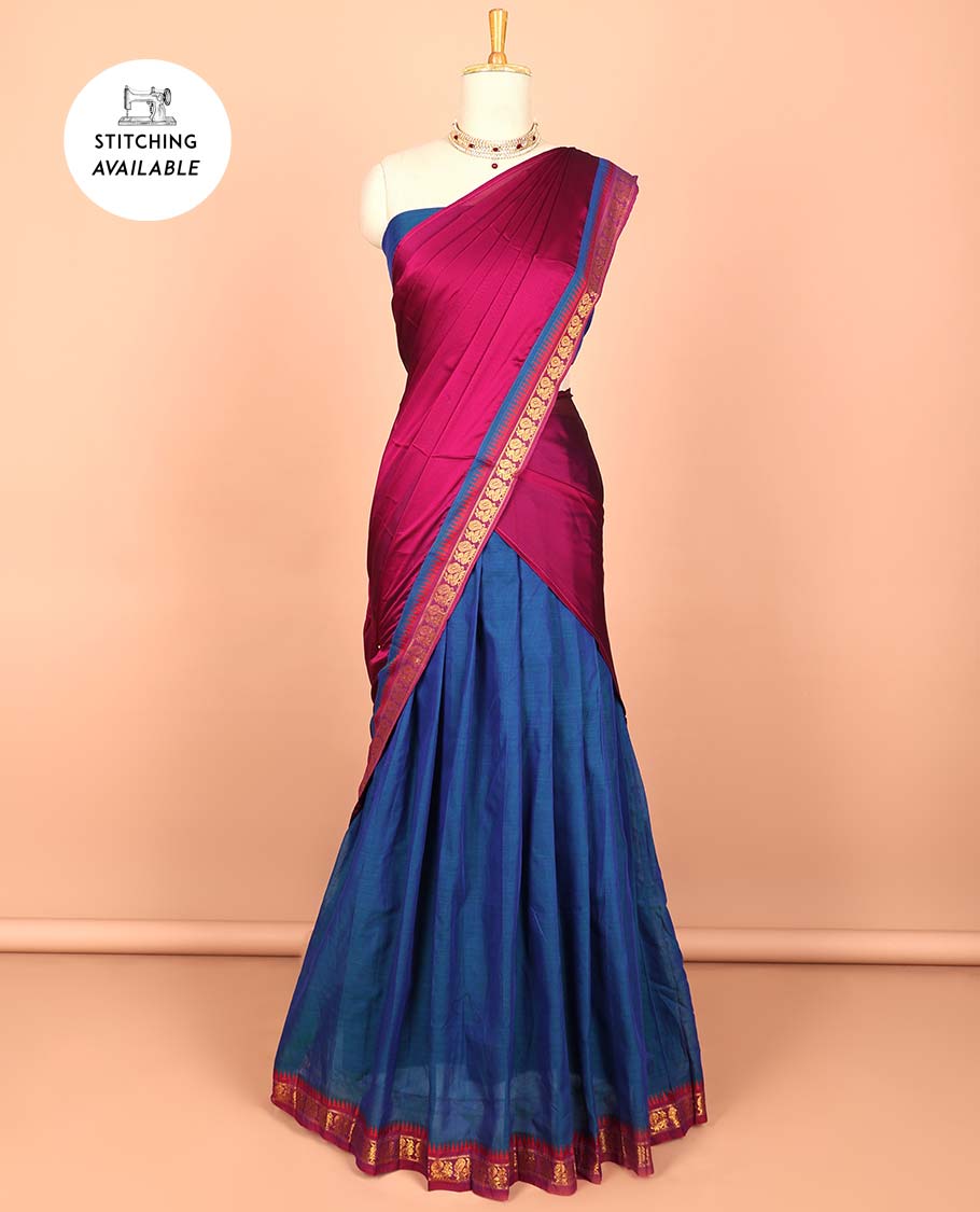 Blue cotton half saree with contrast zari border, plain blouse & plain with peacock zari border dhavani