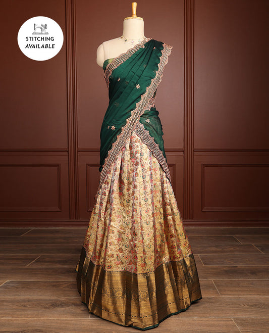Light yellow floral vine design half saree with contrast zari design border, zari design blouse & floral embroidery scallop border dhavani