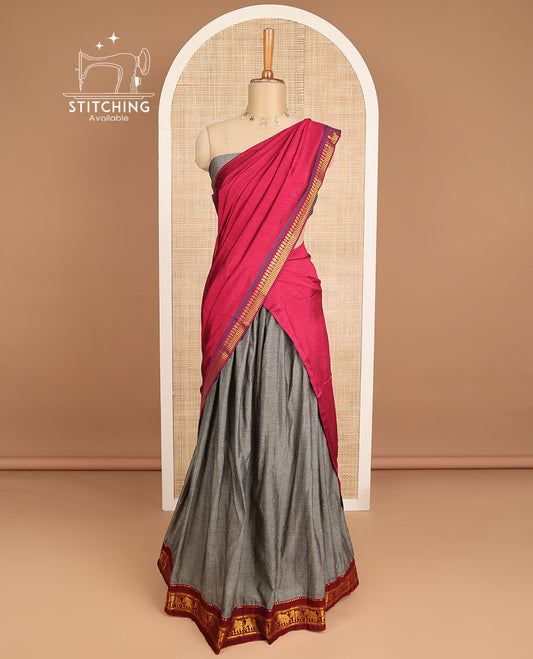 Elephant grey zari design cotton half saree with zari design blouse & intricate zari design border dhavani