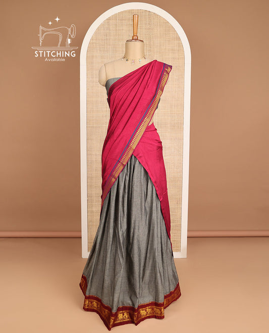 Elephant grey zari design cotton half saree with zari design blouse & intricate zari design border dhavani